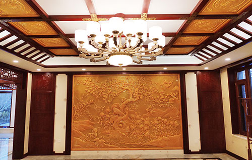 双阳中式别墅客厅中式木作横梁吊顶装饰展示